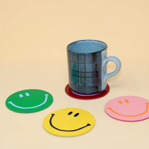Happy Face Smilie Leather Coasters - Set of 4 | Ark Colour Design