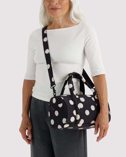 Baggu | Nylon Duffle Bag | Black and Cream Polka Dot
