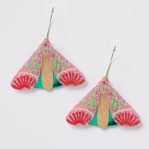 Moth Wattle Earrings - Pink Sparkle/Green | Martha Jean