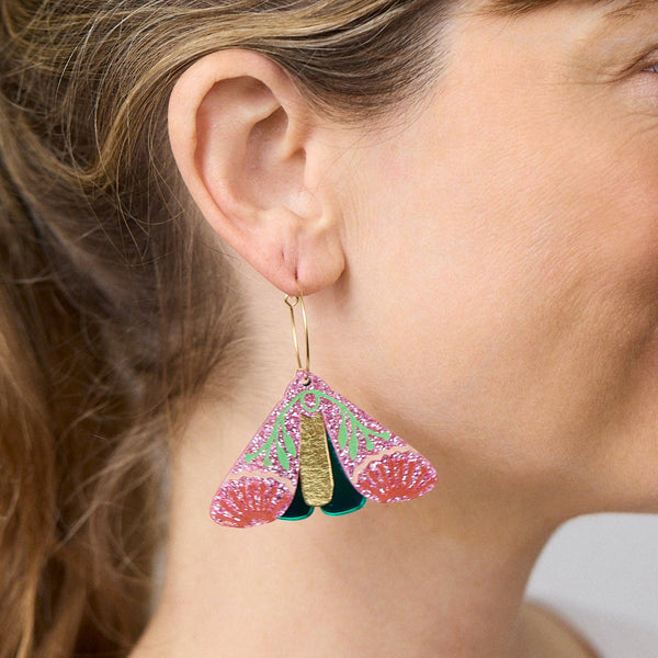 Moth Wattle Earrings - Pink Sparkle/Green | Martha Jean