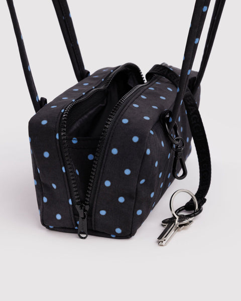 Baggu | Small Nylon Bowler Bag | Black and Sky Blue Micro Dot