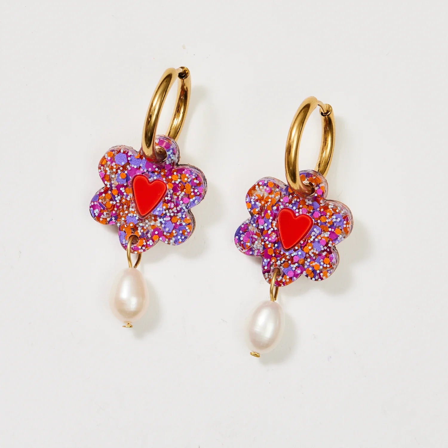 Heart Flower + Pearl Earrings - Purple Orange | Martha Jean