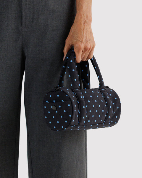 Baggu | Small Nylon Duffle Bag | Black and Sky Blue Micro Dot