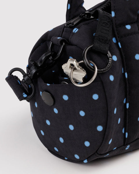 Baggu | Small Nylon Duffle Bag | Black and Sky Blue Micro Dot
