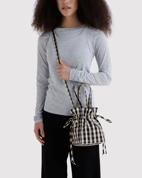 Baggu | Nylon Drawstring Bag | Black And Cream Gingham
