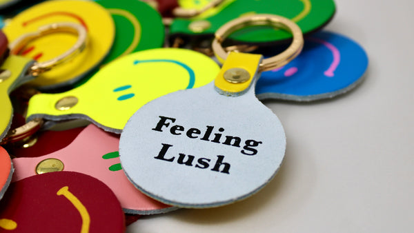 Feeling Lush Smile Face Leather Key Fob | Ark Colour Design | Cornflower