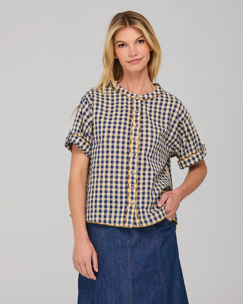 Josie Shirt - Navy Spliced Seersucker | Boom Shankar
