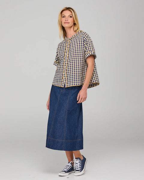 Josie Shirt - Navy Spliced Seersucker | Boom Shankar