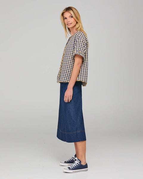 Josie Shirt - Navy Spliced Seersucker | Boom Shankar