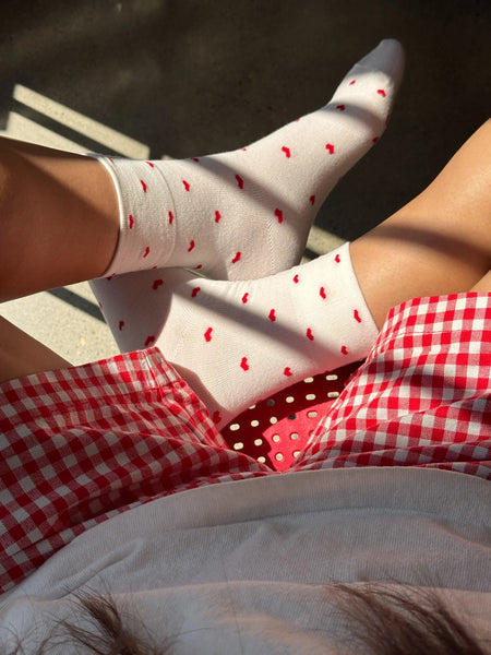 Patterned Sneaker Socks - Heart Cream/Red | Le Bon Shoppe
