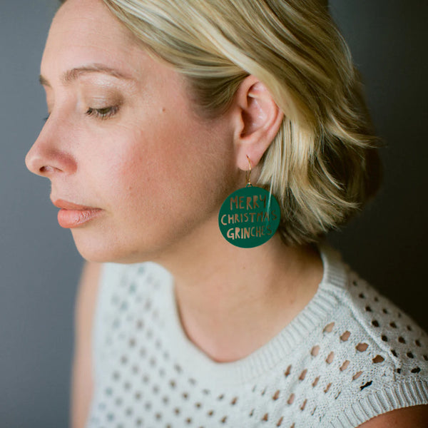 Merry Christmas Grinches earrings in Dark Green | Denzandco