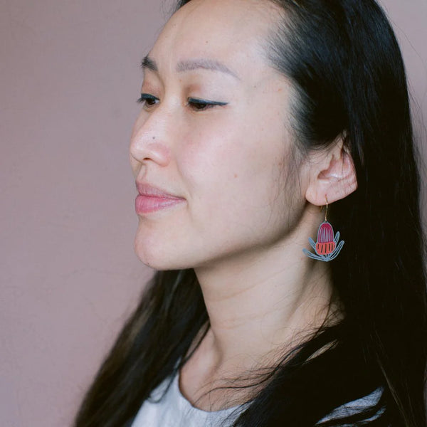 Banksia flower earrings in Sage, Burnt Orange & Wine | Denzandco