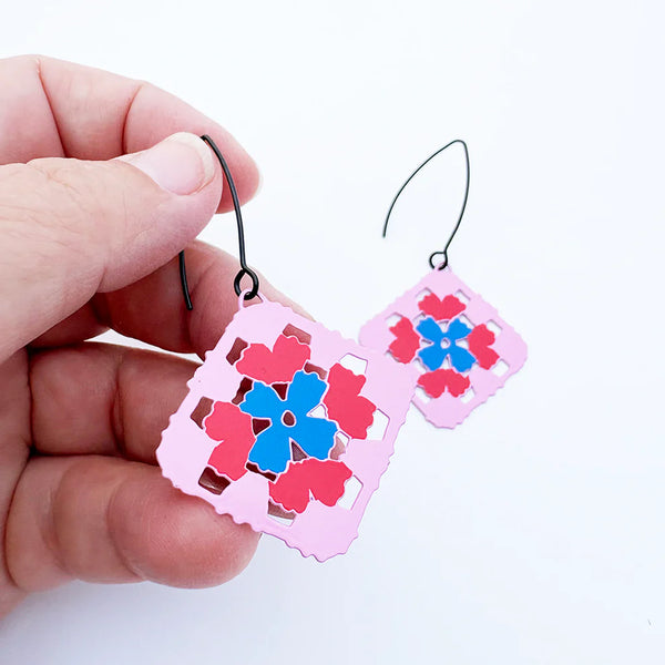 Granny Square earrings in Pink, Red & Blue | Denzandco