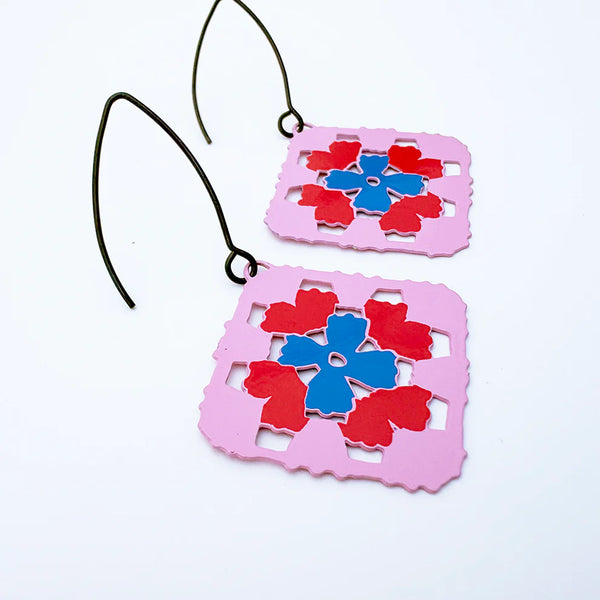 Granny Square earrings in Pink, Red & Blue | Denzandco