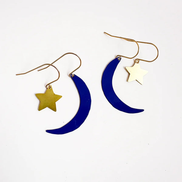 Moon & Star stacker earrings in Navy & Gold | Denzandco
