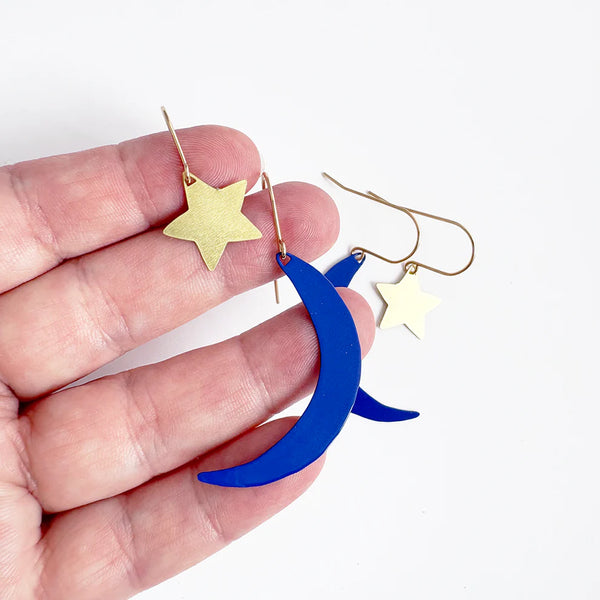 Moon & Star stacker earrings in Navy & Gold | Denzandco