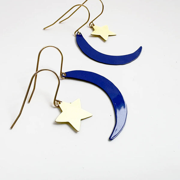 Moon & Star stacker earrings in Navy & Gold | Denzandco