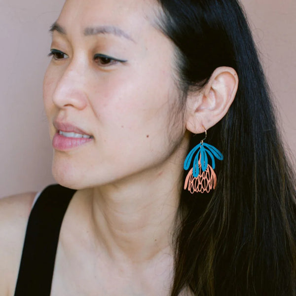 Protea flower dangle earrings in Teal & Orange | Denzandco
