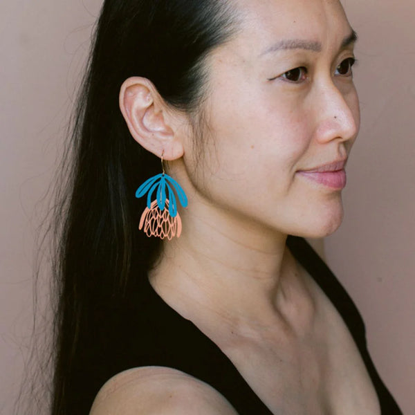 Protea flower dangle earrings in Teal & Orange | Denzandco