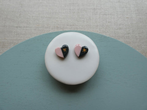 2 Tone Heart Stud Earrings - Pink & Black | And O Designs