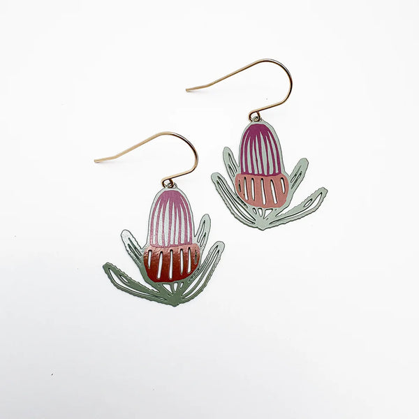 Banksia flower earrings in Sage, Burnt Orange & Wine | Denzandco