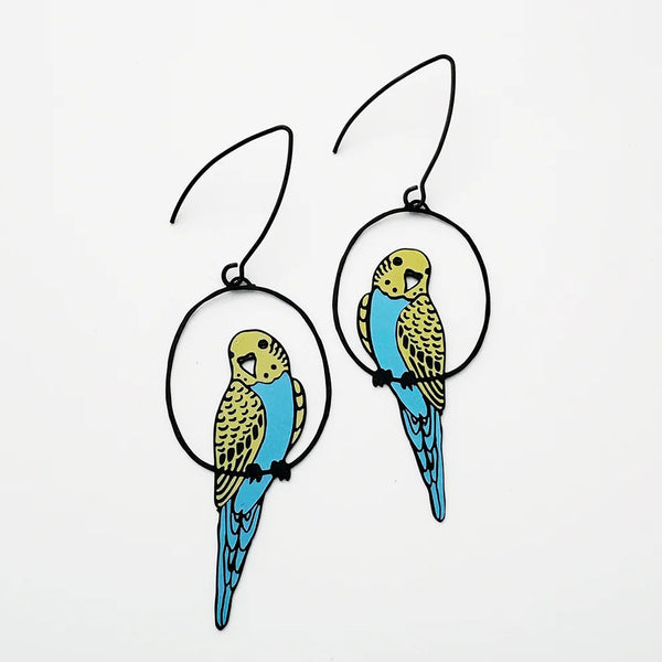 Budgie earrings in Black/Blue/Yellow | Denzandco