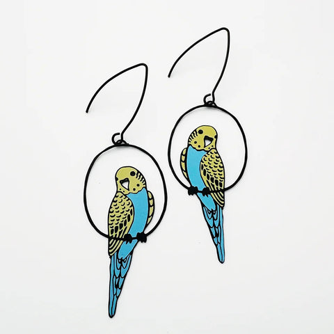 Budgie earrings in Black/Blue/Yellow | Denzandco