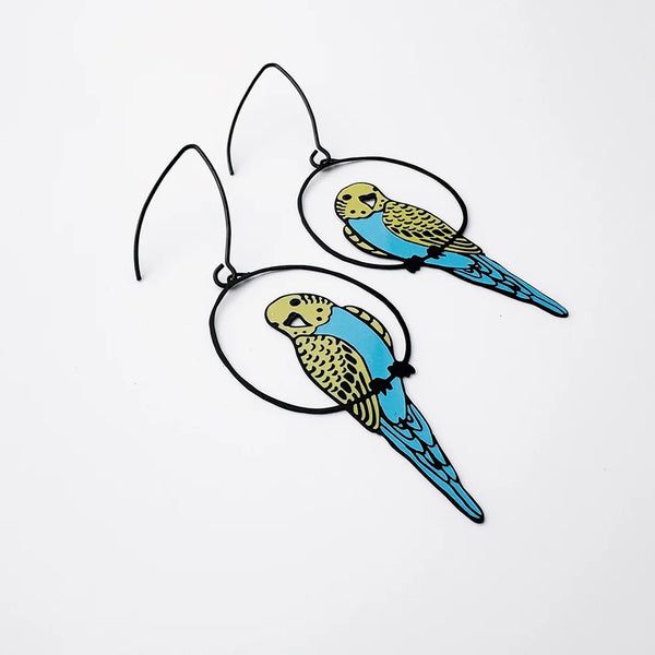 Budgie earrings in Black/Blue/Yellow | Denzandco