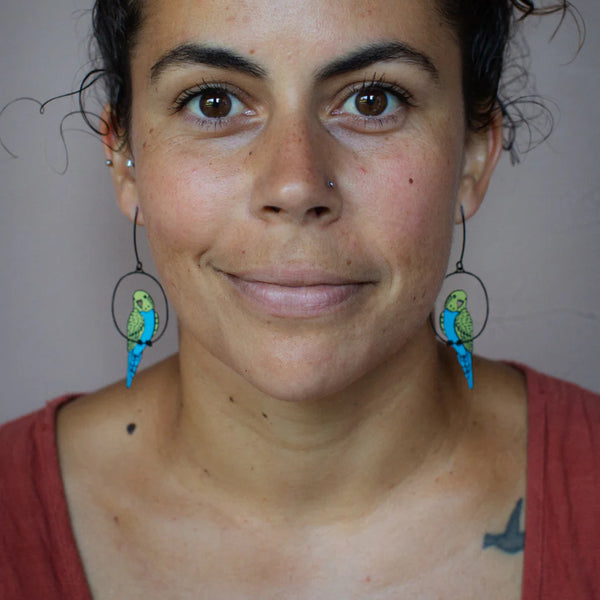 Budgie earrings in Black/Blue/Yellow | Denzandco