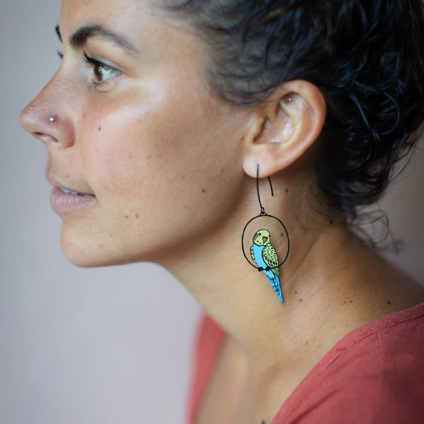 Budgie earrings in Black/Blue/Yellow | Denzandco