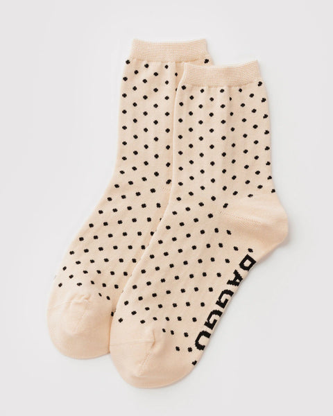 Baggu | Crew Socks | Micro Cream and Black Polka Dot