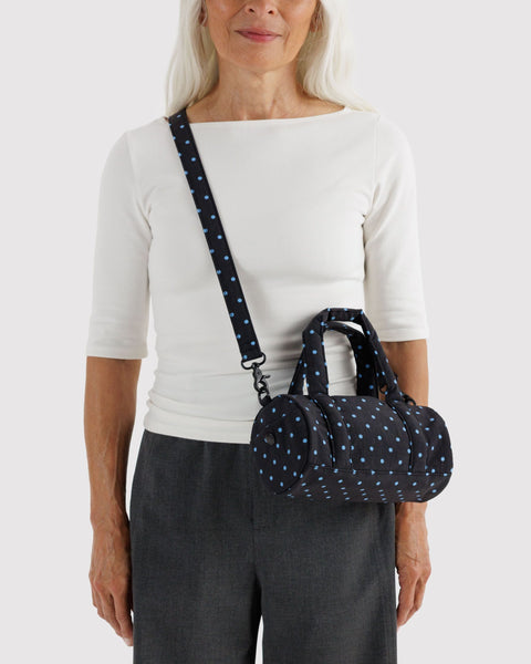 Baggu | Small Nylon Duffle Bag | Black and Sky Blue Micro Dot