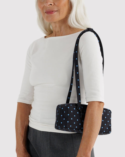 Baggu | Small Nylon Bowler Bag | Black and Sky Blue Micro Dot