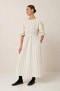 Ellora Dress | Kowtow | Greige Pinstripe