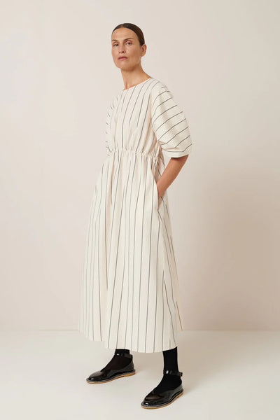 Ellora Dress | Kowtow | Greige Pinstripe