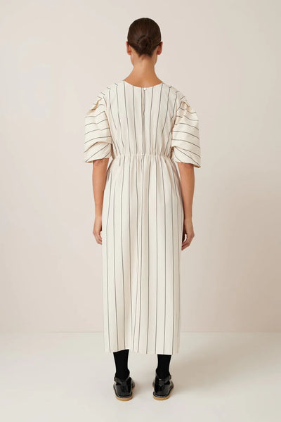 Ellora Dress | Kowtow | Greige Pinstripe