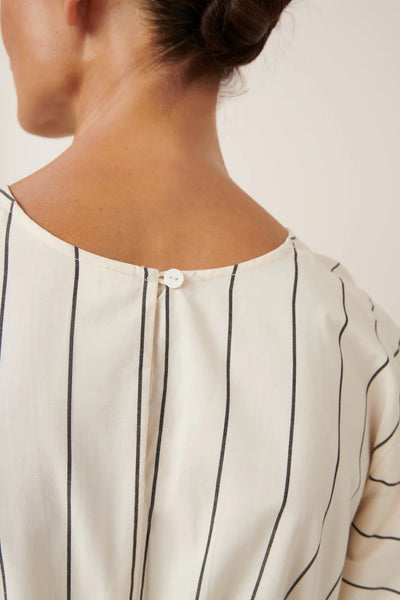 Ellora Dress | Kowtow | Greige Pinstripe