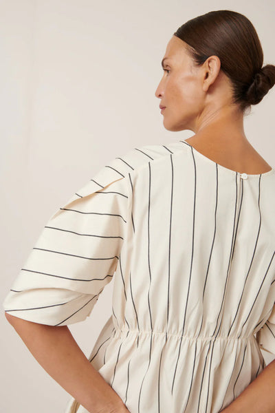 Ellora Dress | Kowtow | Greige Pinstripe