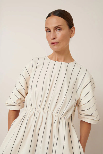 Ellora Dress | Kowtow | Greige Pinstripe