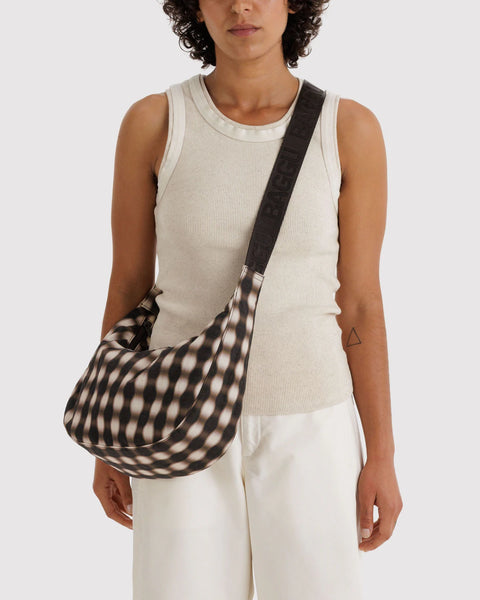 Baggu | Medium Nylon Crescent Bag | Blurred Gingham Brown
