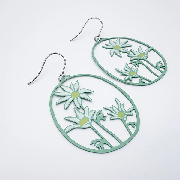 Midi Flannel Flower earrings in Green/White/Yellow  | Denzandco