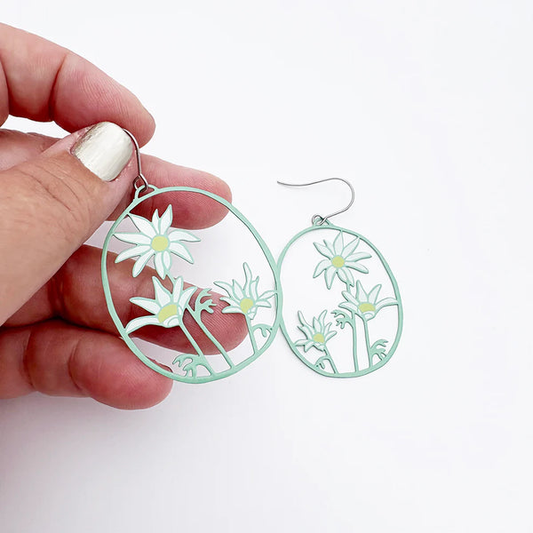 Midi Flannel Flower earrings in Green/White/Yellow  | Denzandco