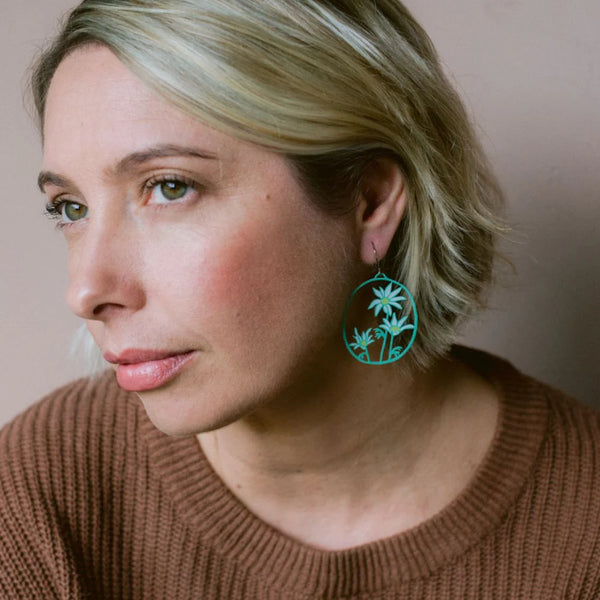 Midi Flannel Flower earrings in Green/White/Yellow  | Denzandco