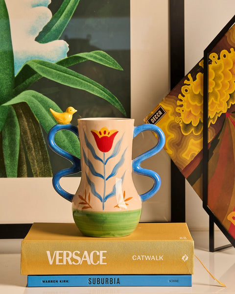 Retro Folk Stoneware Hand Painted Vase | La La Land