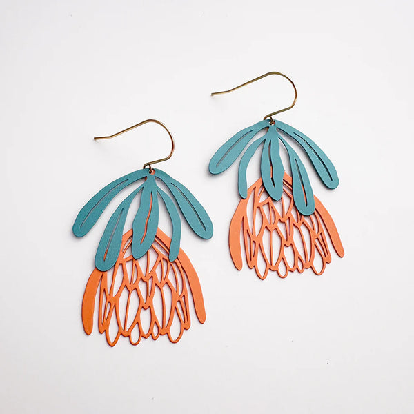Protea flower dangle earrings in Teal & Orange | Denzandco