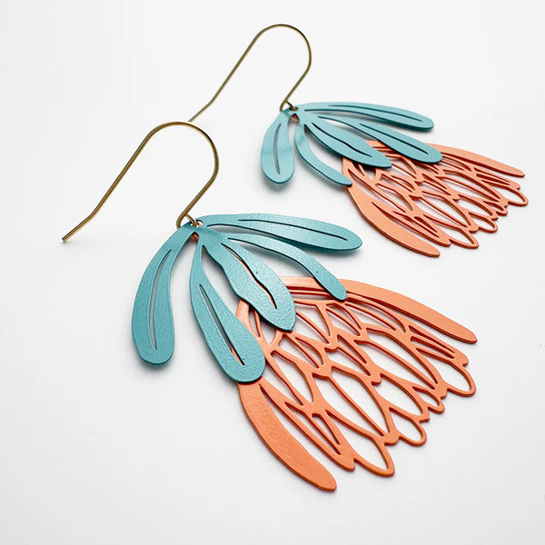 Protea flower dangle earrings in Teal & Orange | Denzandco