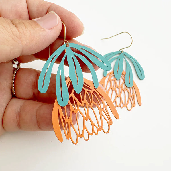 Protea flower dangle earrings in Teal & Orange | Denzandco