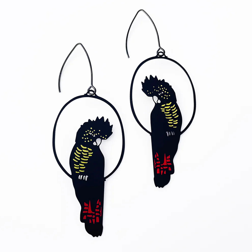 Red Tailed Black Cockatoo earrings in Black/Red/Yellow | Denzandco