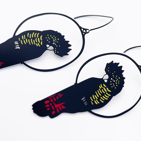 Red Tailed Black Cockatoo earrings in Black/Red/Yellow | Denzandco