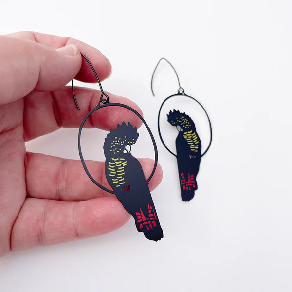 Red Tailed Black Cockatoo earrings in Black/Red/Yellow | Denzandco